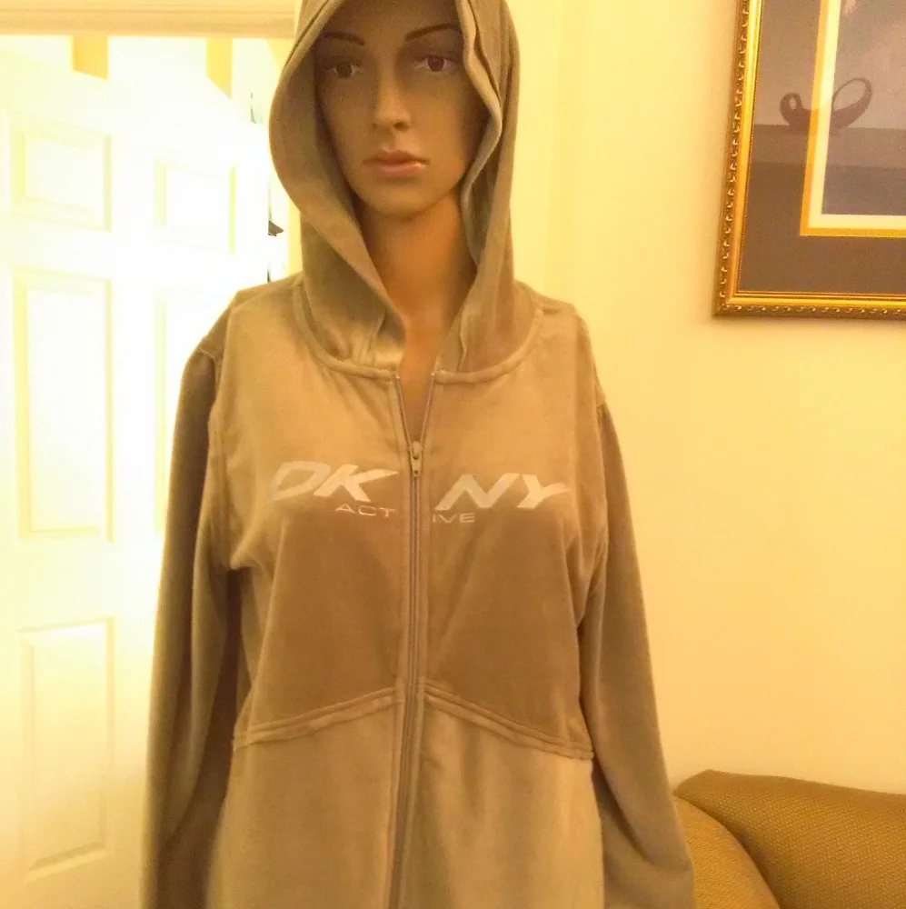 VINTAGE DKNY ACTIVE GREEN VELOUR TRACKSUIT 2 PC PANT SET W/ HOODY Sz. XL MINT - Picture 1 of 8